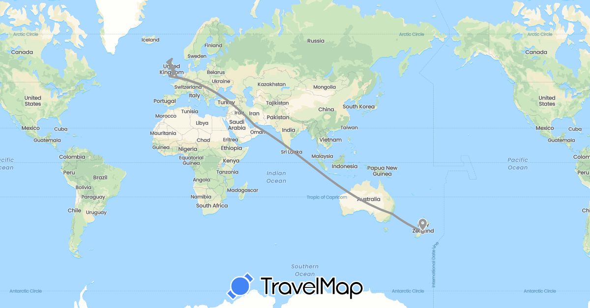 TravelMap itinerary: plane in United Arab Emirates, Australia, United Kingdom, New Zealand (Asia, Europe, Oceania)